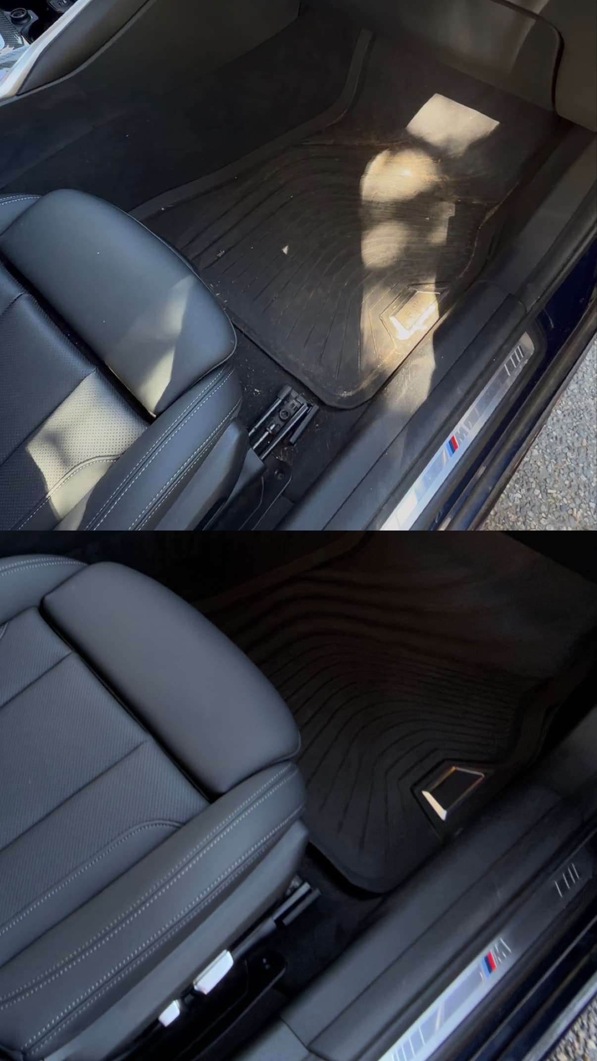 Before and after car carpet shampoo and extraction — BMW floor mats deep cleaned in Vancouver